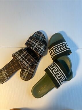 2 pairsWomen’s Olive Green Slide Sandals with Black & White Strap